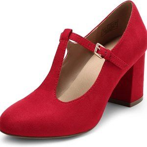 DREAM PAIRS  - Red Low Chunky Heels T-Strap Mary Jane Pump Shoes